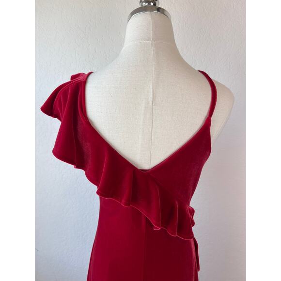 Express Velvet Red One Shoulder Mini Dress Ruffle V Neck size Small Whimsigoth - Picture 9 of 11